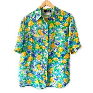 Vintage HER Floral Short Sleeve Shirt Blouse Cottagecore Feminine Grandma Boho